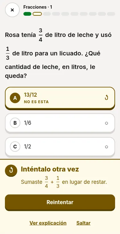Pantalla de una respuesta equivocada con el mensaje que explica el error