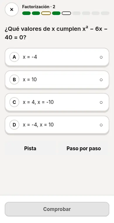 Pantalla de una sesión de 10 reactivos con su barra de avance