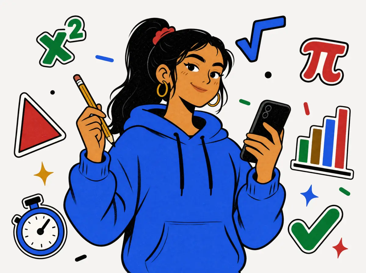 Ilustración de una joven con sudadera azul que sostiene un lápiz y un celular, rodeada de símbolos de matemáticas: raíz, pi, gráfica y cronómetro